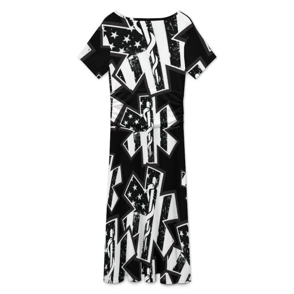 U.S.A. Flag with EMS Star of Life Women's Midi Dress Short Sleeve Dresses V Neck Sundress Casual Summer