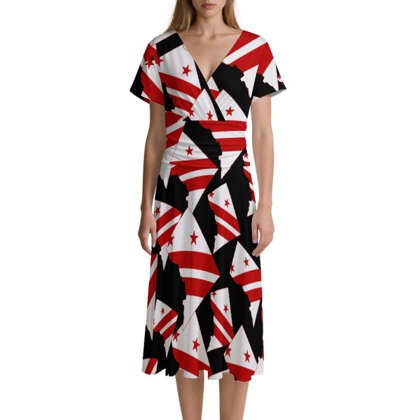 Flag Map of Washington DC Women's Midi Dress Short Sleeve Dresses V Neck Sundress Casual Summer