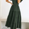 Women's 2025 Summer Casual Midi Dress Puffy Short Sleeve Square Neck Smocked Tiered Ruffle Dresses
