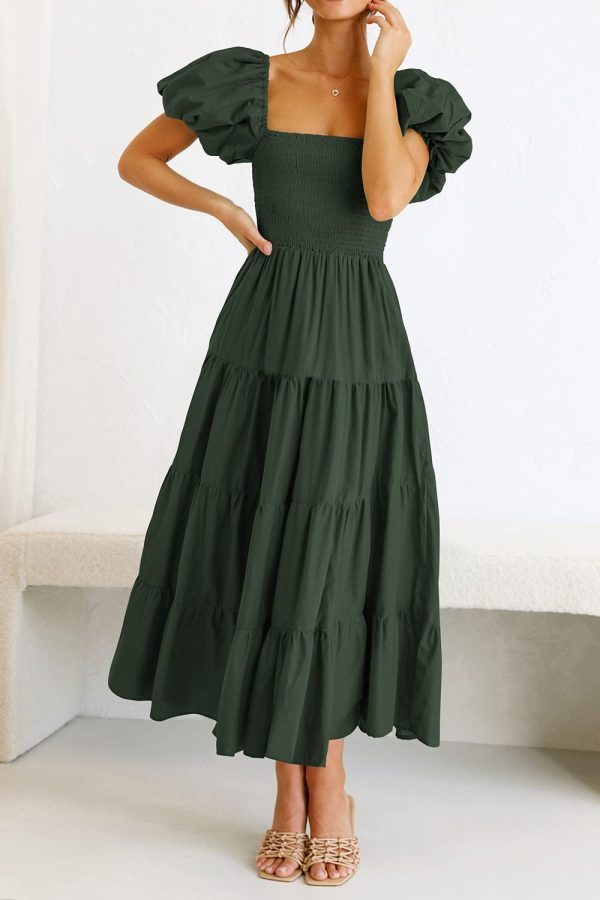Women's 2025 Summer Casual Midi Dress Puffy Short Sleeve Square Neck Smocked Tiered Ruffle Dresses