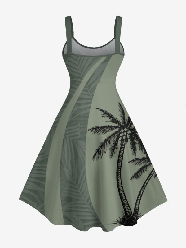 Matchable Couple Hawaiian Coconut Tree Print Shirt or Plus Size Knee Length Fit and Flare Tank Dress