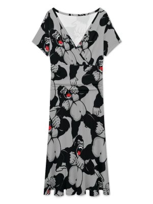 Awesome Kingkong Women's Midi Dress Short Sleeve Dresses V Neck Sundress Casual Summer