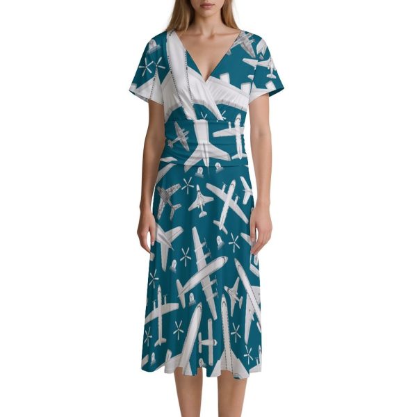 Plane Pattern Aircraft Airplane Jet Women's Midi Dress Short Sleeve Dresses V Neck Sundress Casual Summer