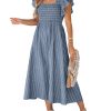 Women's Summer Dress Square Neck Striped Smocked Dress Ruffled Cap Sleeves Dress A Line Maxi Formal Dress