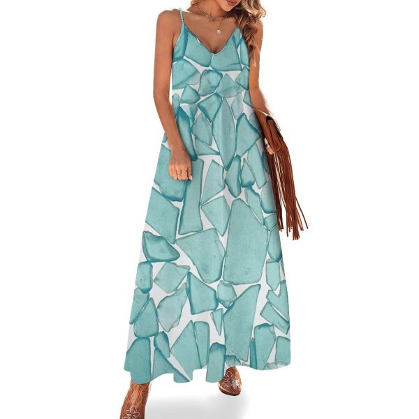 Teal Sea Glass Nautical Print Maxi Dress for Women Summer Casual Sleeveless V Neck Spaghetti Dresses