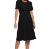 Women's Knit Eyelet Short Sleeve Crepe Inset Waist Midi with Button Detail