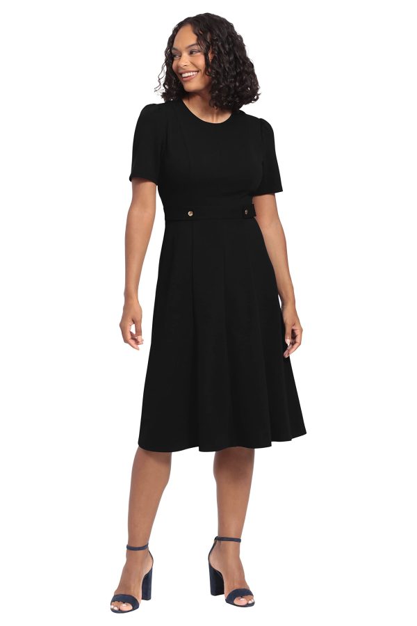 Women's Knit Eyelet Short Sleeve Crepe Inset Waist Midi with Button Detail