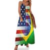 Vintage U.S.A. and Brazil Flag Maxi Dress for Women Summer Casual Sleeveless V Neck Spaghetti Dresses