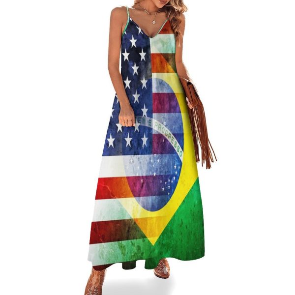 Vintage U.S.A. and Brazil Flag Maxi Dress for Women Summer Casual Sleeveless V Neck Spaghetti Dresses