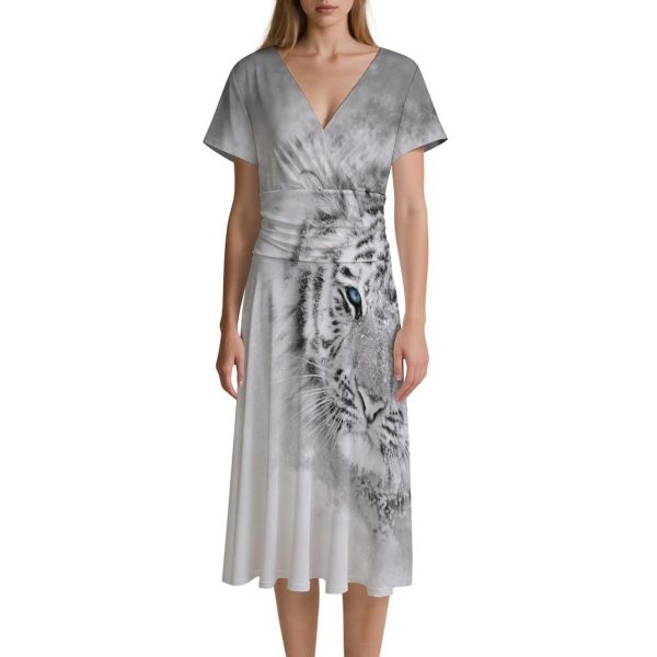 Snow White Tiger Women's Midi Dress Short Sleeve Dresses V Neck Sundress Casual Summer