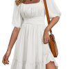 Womens Summer Dresses Square Neck Tie Back Lantern Sleeve Ruffle A-Line Casual Dress