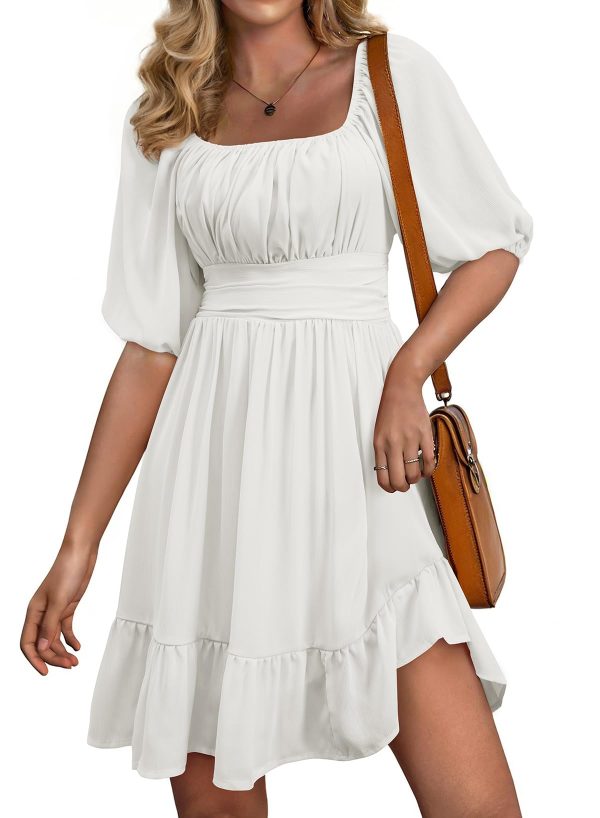Womens Summer Dresses Square Neck Tie Back Lantern Sleeve Ruffle A-Line Casual Dress