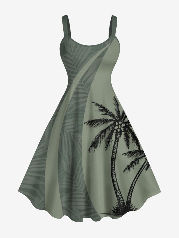 Matchable Couple Hawaiian Coconut Tree Print Shirt or Plus Size Knee Length Fit and Flare Tank Dress