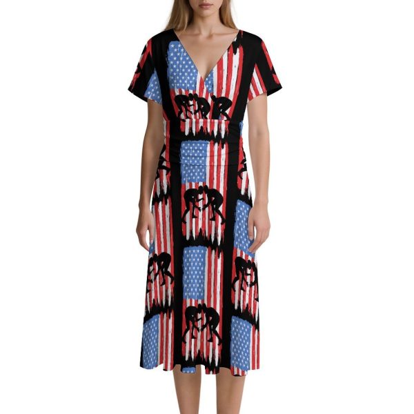 U.S.A. Wrestling Flag Women's Midi Dress Short Sleeve Dresses V Neck Sundress Casual Summer