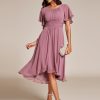 Women's Chiffon Crew Neck Pleated Waist Short Sleeve Wedding Guest Dress 02053