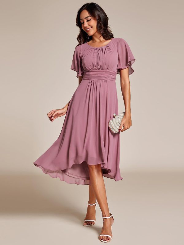 Women's Chiffon Crew Neck Pleated Waist Short Sleeve Wedding Guest Dress 02053