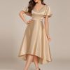 Women's Satin Short Ruffles Sleeves A Line Empire Waist Wedding Guest Dress with Pockets 02335
