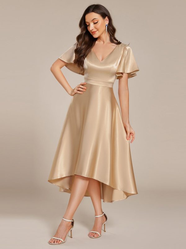 Women's Satin Short Ruffles Sleeves A Line Empire Waist Wedding Guest Dress with Pockets 02335