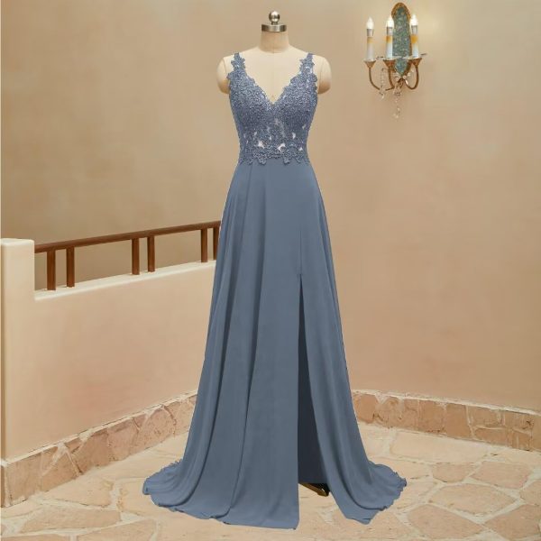 Lace Appliques Chiffon Bridesmaid Dresses 2025 Long Beaded Prom Dress A Line Formal Party Evening Gowns with Slit for Women