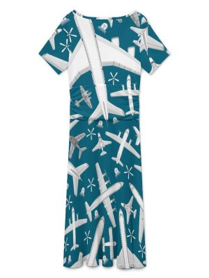 Plane Pattern Aircraft Airplane Jet Women's Midi Dress Short Sleeve Dresses V Neck Sundress Casual Summer