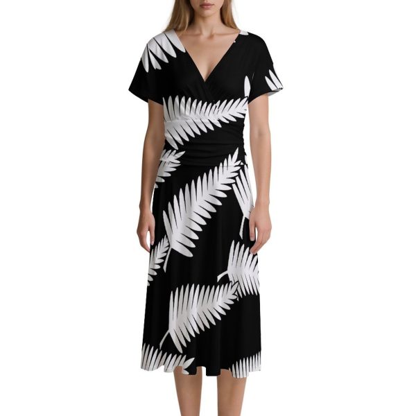New Zealand Maori Fern Women's Midi Dress Short Sleeve Dresses V Neck Sundress Casual Summer