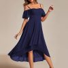 Women's Summer Cold Shoulder Hi-Lo Asymmetrical Hem Flowy Chiffon Short Wedding Guest Dress 02103