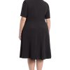 Women's Knit Eyelet Short Sleeve Crepe Inset Waist Midi with Button Detail