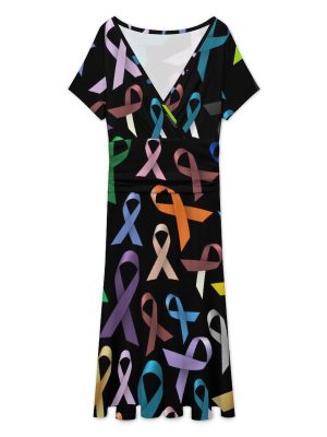 Cancer Awareness Color Ribbons Women's Midi Dress Short Sleeve Dresses V Neck Sundress Casual Summer