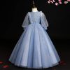 Spring and Summer Children's New Blue mid-Length-Sleeved Evening Dress,Girls' mesh Piano Princess Dress. (Blue Gray, xx_l)