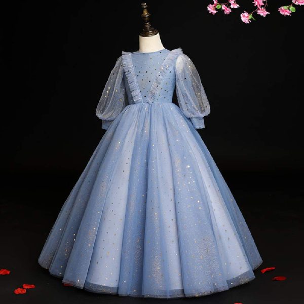 Spring and Summer Children's New Blue mid-Length-Sleeved Evening Dress,Girls' mesh Piano Princess Dress. (Blue Gray, xx_l)