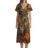 Orange Camouflage Women's Midi Dress Short Sleeve Dresses V Neck Sundress Casual Summer