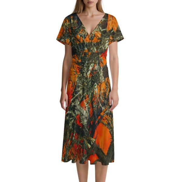 Orange Camouflage Women's Midi Dress Short Sleeve Dresses V Neck Sundress Casual Summer