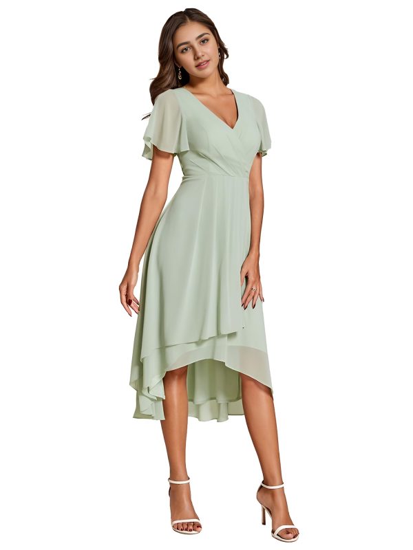 Women's Chiffon Formal Dresses V Neck Ruffle Sleeves Pleated High Low Summer Wedding Guest Dress