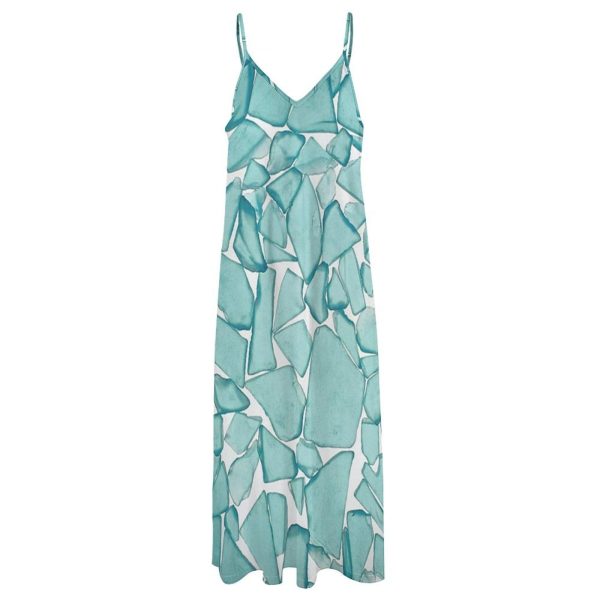 Teal Sea Glass Nautical Print Maxi Dress for Women Summer Casual Sleeveless V Neck Spaghetti Dresses
