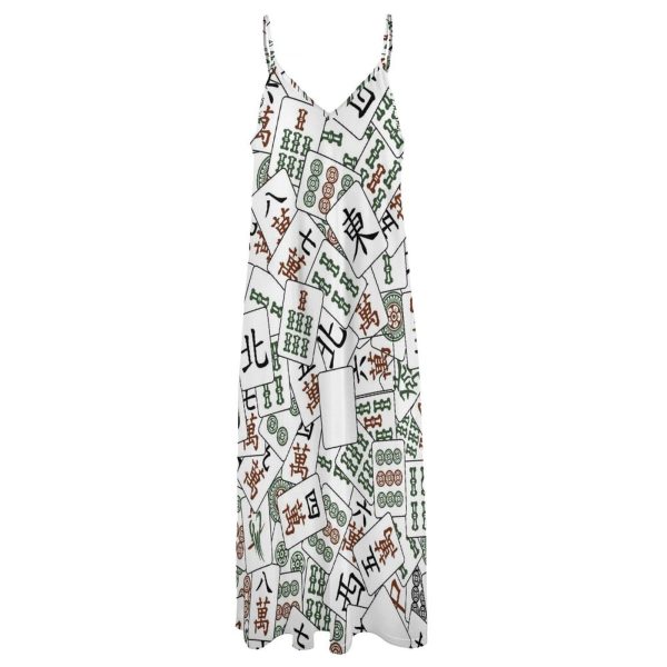 Mahjong Tiles Maxi Dress for Women Summer Casual Sleeveless V Neck Spaghetti Dresses