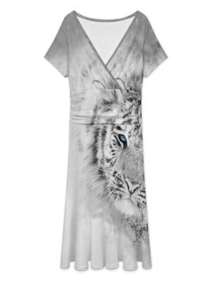Snow White Tiger Women's Midi Dress Short Sleeve Dresses V Neck Sundress Casual Summer