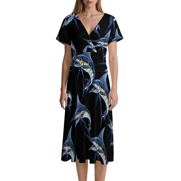 Marlin Fish Women's Midi Dress Short Sleeve Dresses V Neck Sundress Casual Summer
