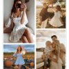 Womens Summer Dresses Square Neck Tie Back Lantern Sleeve Ruffle A-Line Casual Dress