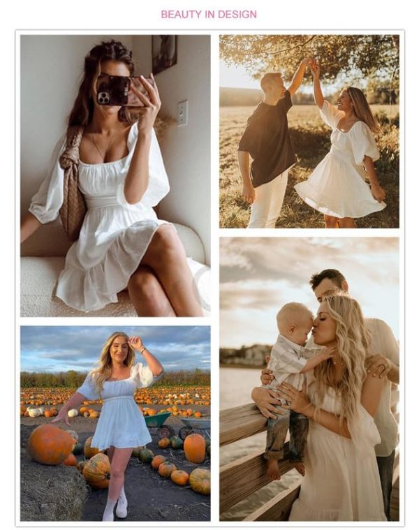 Womens Summer Dresses Square Neck Tie Back Lantern Sleeve Ruffle A-Line Casual Dress