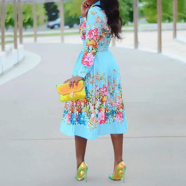 Lapel Three-Quarter Sleeve Knee Length Pleated Floral Women's Sheath Dress