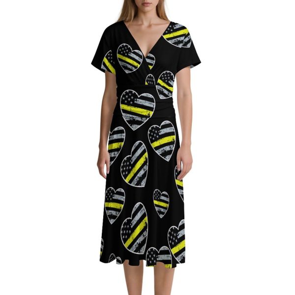 911 Dispatcher Thin Gold Line Women's Midi Dress Short Sleeve Dresses V Neck Sundress Casual Summer