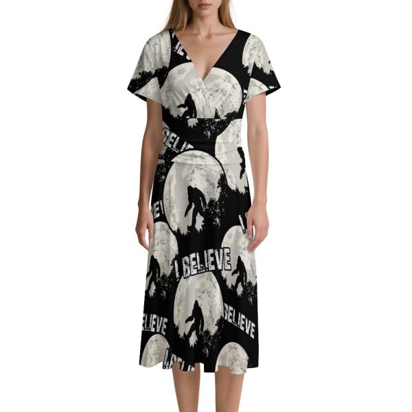 I Believe Bigfoot Women's Midi Dress Short Sleeve Dresses V Neck Sundress Casual Summer