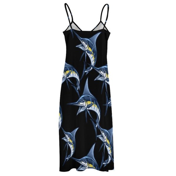Marlin Fish Maxi Dress for Women Summer Casual Sleeveless V Neck Spaghetti Dresses