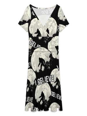 I Believe Bigfoot Women's Midi Dress Short Sleeve Dresses V Neck Sundress Casual Summer