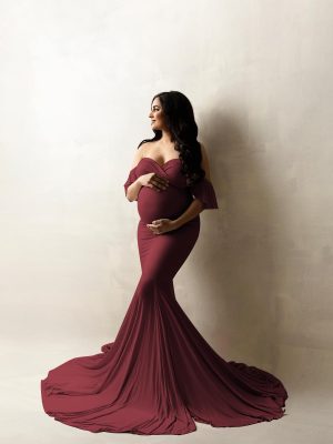 Off Shoulder Ruffle Sleeves Elegant Fitted Maxi Maternity Dress for Photoshoot Baby Shower