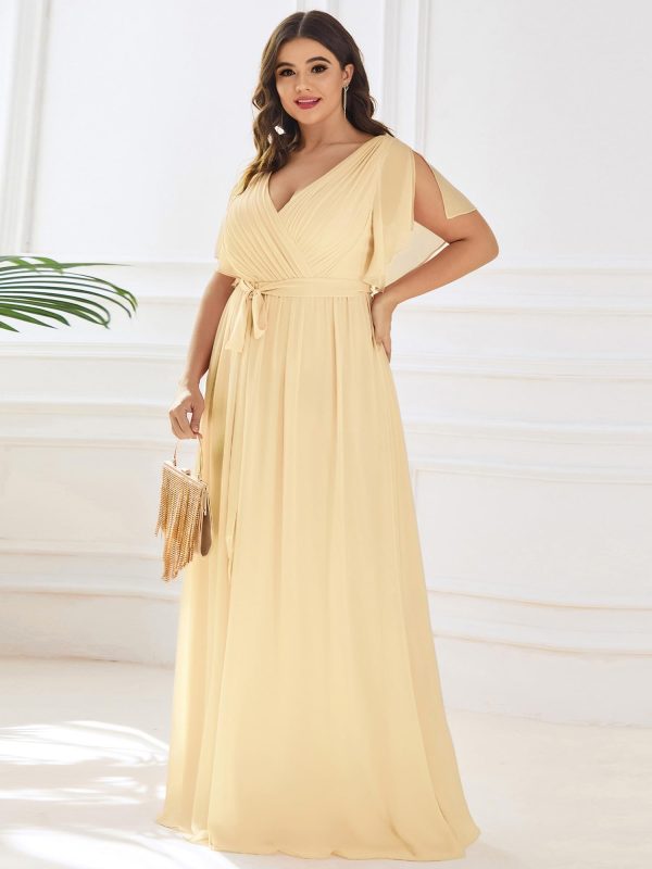 Women's Plus Size Chiffon A-Line Deep V-Neck Elastic Sash Waist Floor Length Formal Bridesmaid Dress