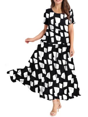 Women Casual Loose Bohemian Floral Dress with Pockets Short Sleeve Long Maxi Summer Beach Swing Dress EJF