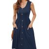 Women Summer Dresses Sleeveless Casual Loose Swing Button Down Midi Dress with Pockets