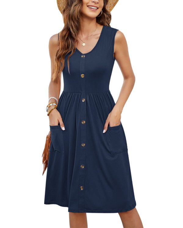 Women Summer Dresses Sleeveless Casual Loose Swing Button Down Midi Dress with Pockets
