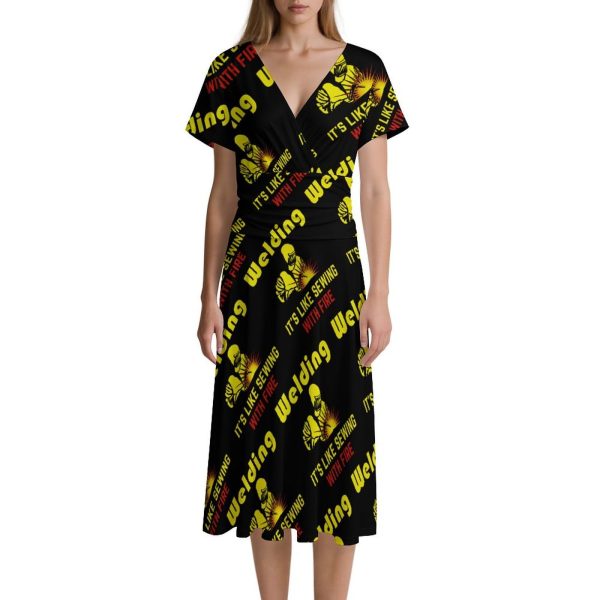 Welding It's Like Sewing with Fire Women's Midi Dress Short Sleeve Dresses V Neck Sundress Casual Summer